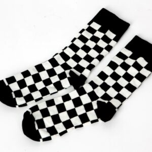 black and white chessboard socks on a white background